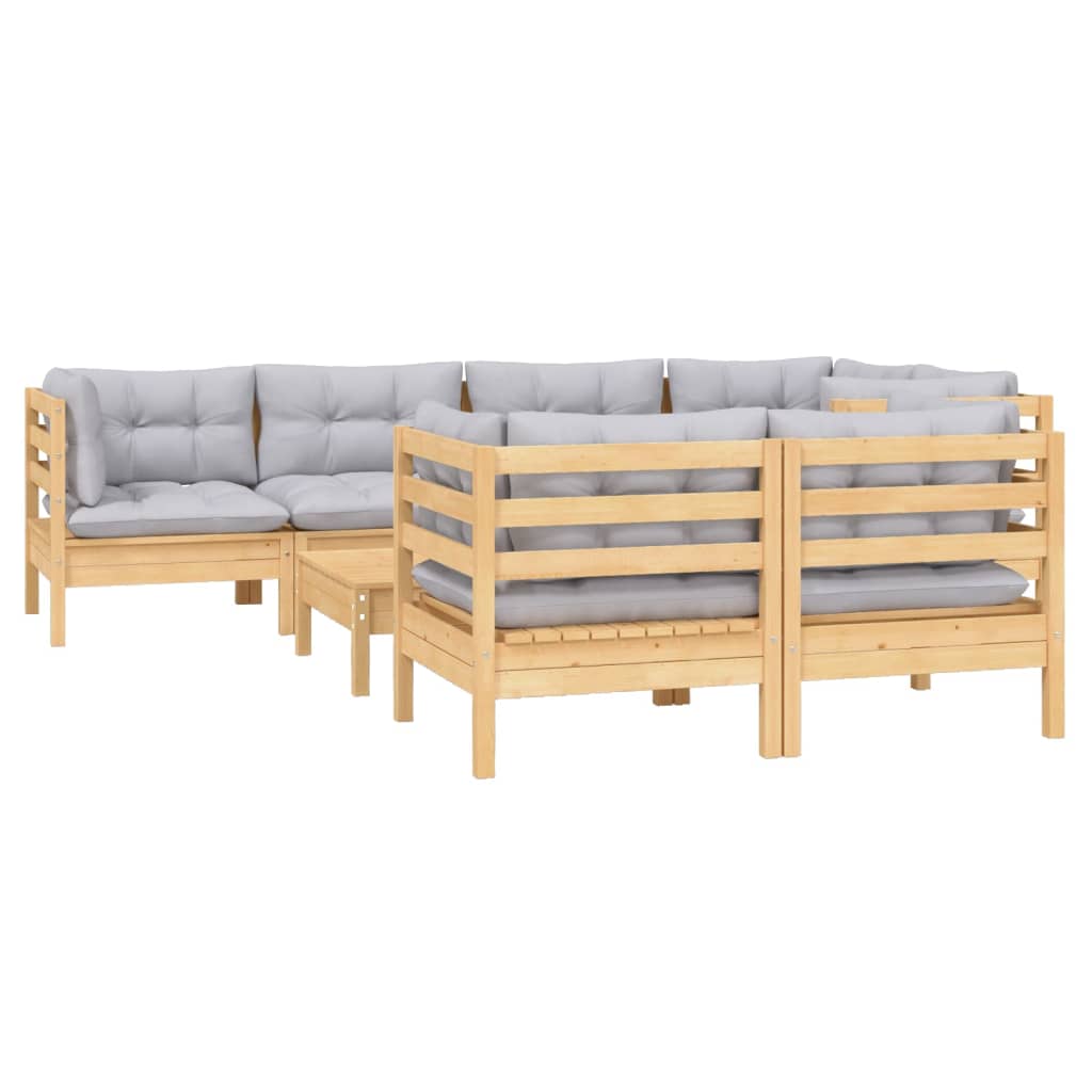 8 Pcs conjunto lounge de jardim + almofadões cinza pinho maciço