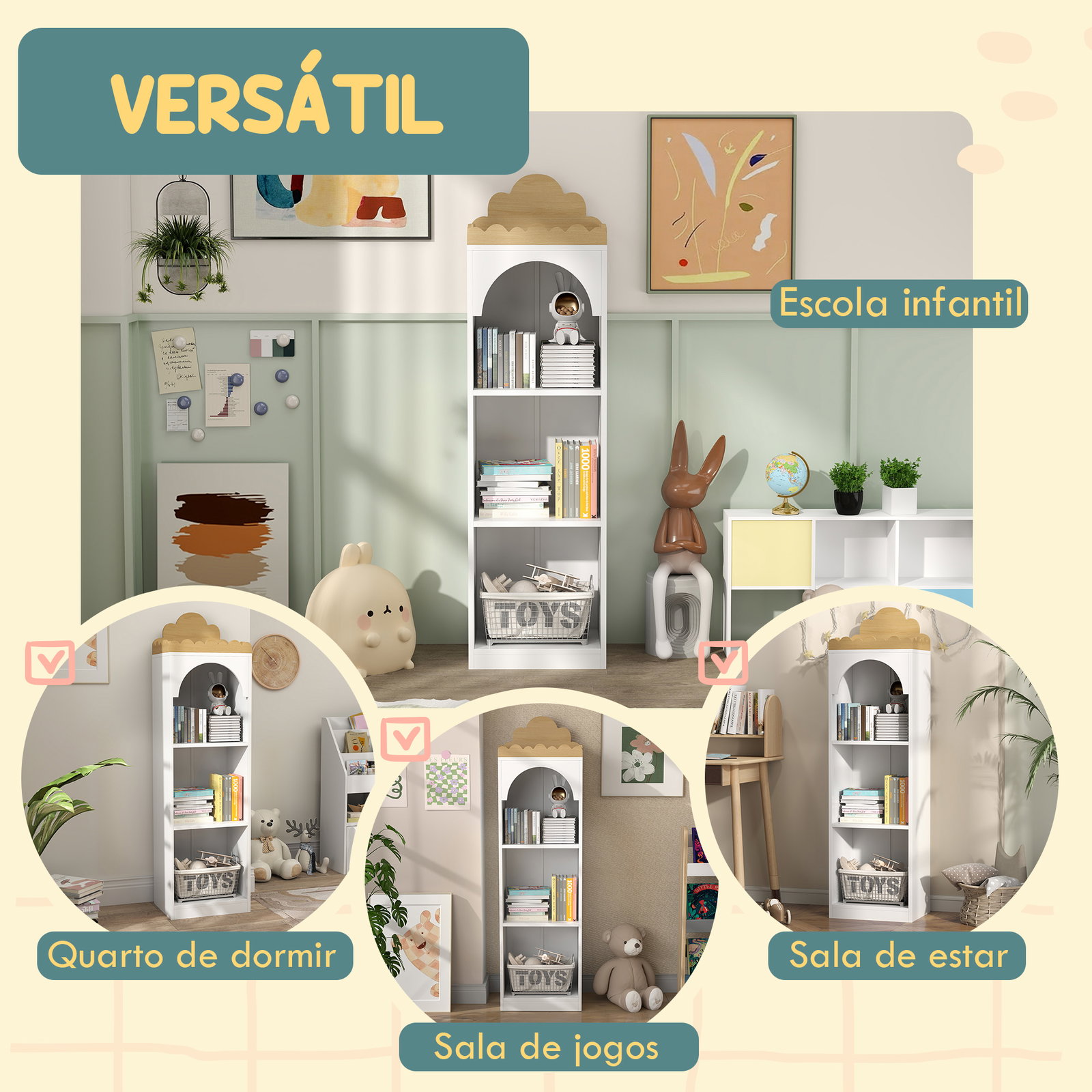 Estante para livros infantil de 3 niveis estante de livros para escola infantil dormitório 40x30x139,5 cm branco e madeira