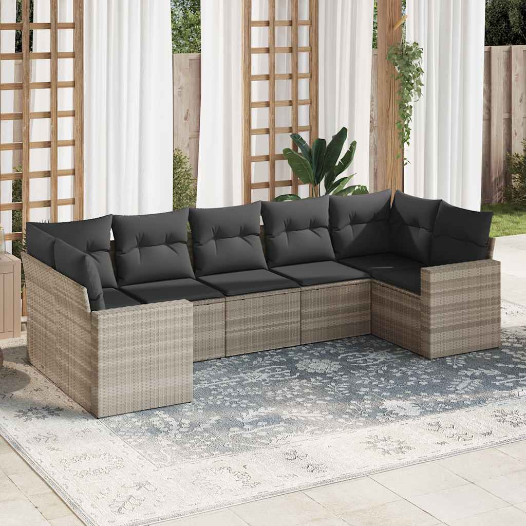 7 Pcs conj. sofás jardim com almofadões vime PE cinzento-claro