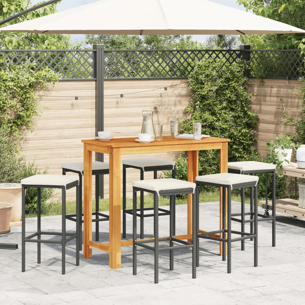 7 Pcs conjunto de bar para jardim vime PE/acácia maciça preto