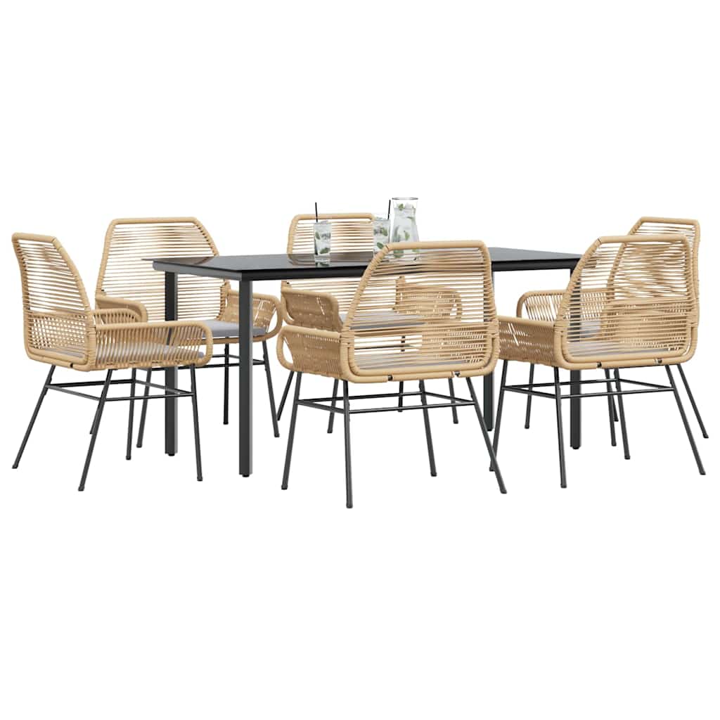 Conjunto jantar jardim 7 peças almofadas vidro vime PE castanho