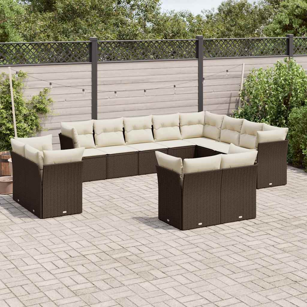 12 Pcs conjunto de sofás jardim com almofadões vime PE castanho