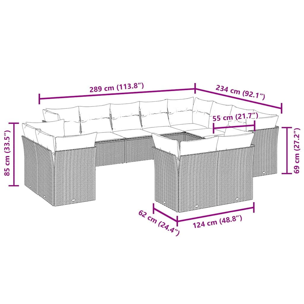 12 Pcs conjunto de sofás jardim com almofadões vime PE castanho