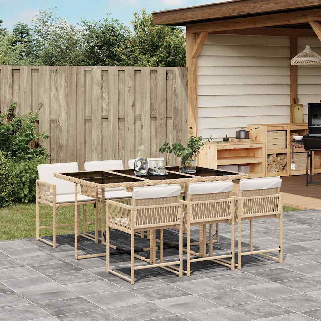 7 Pcs conjunto de jantar p/ jardim com almofadões vime PE bege