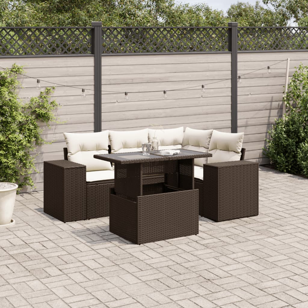 5 Pcs conjunto sofás p/ jardim c/ almofadões vime PE castanho
