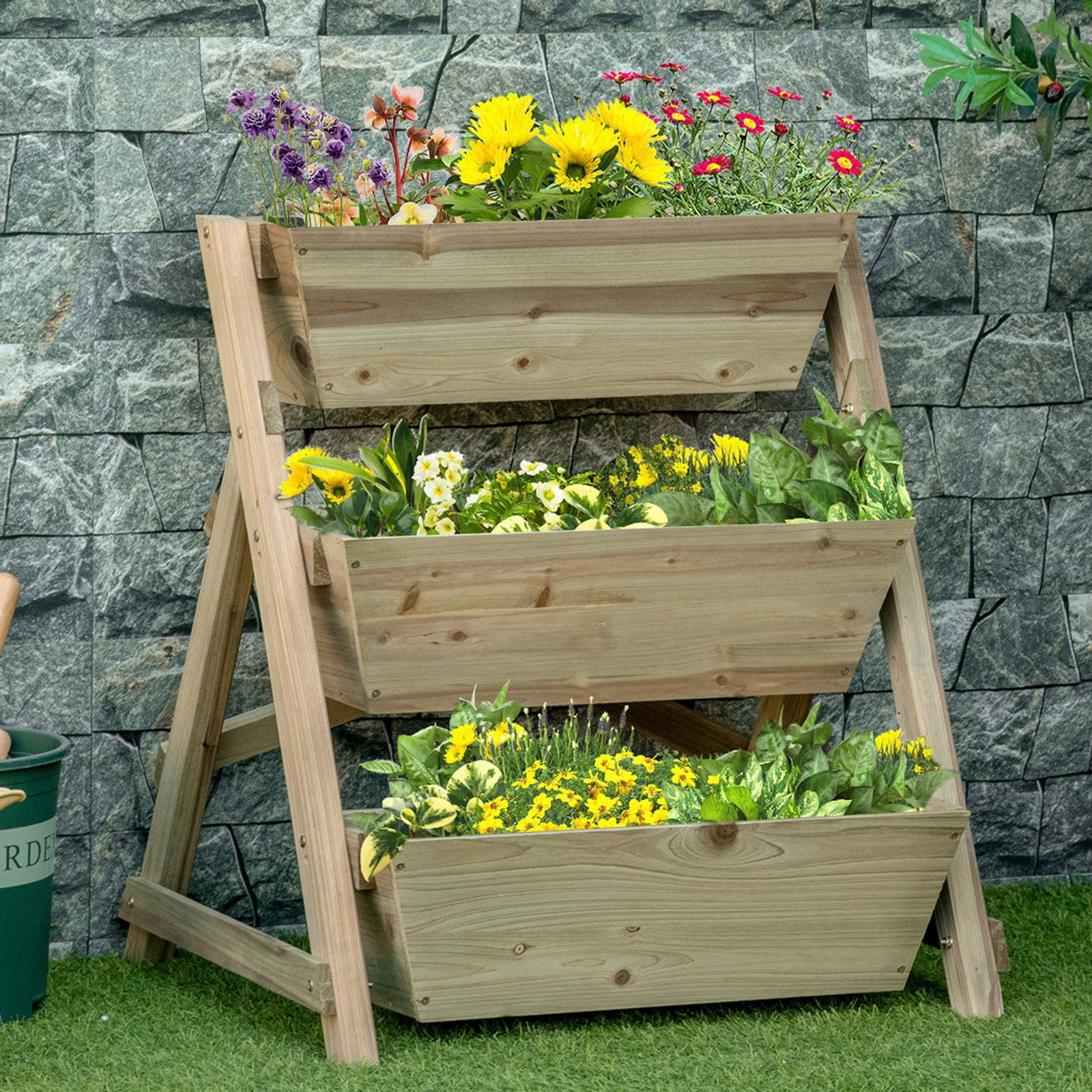 Horta de Escada de 3 Níveis Horta de Madeira com Tecido não tecido e Orifícios de Drenagem Horta para Plantas Flores Ervas 71x61