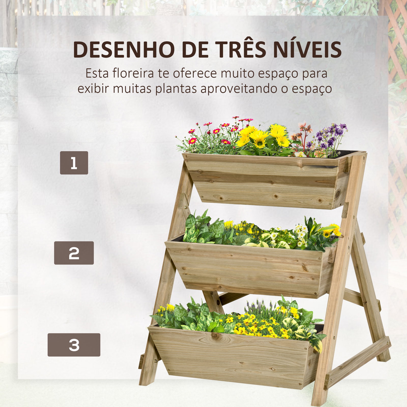 Horta de Escada de 3 Níveis Horta de Madeira com Tecido não tecido e Orifícios de Drenagem Horta para Plantas Flores Ervas 71x61