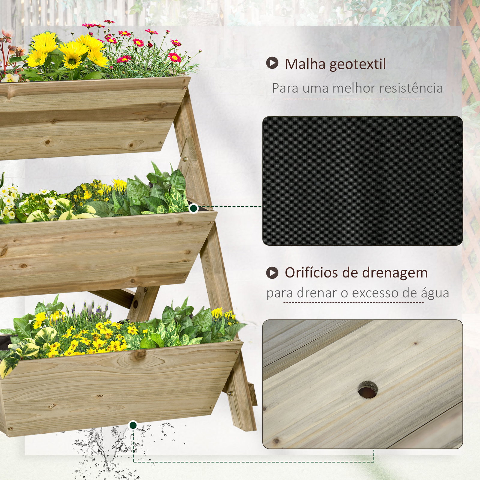 Horta de Escada de 3 Níveis Horta de Madeira com Tecido não tecido e Orifícios de Drenagem Horta para Plantas Flores Ervas 71x61