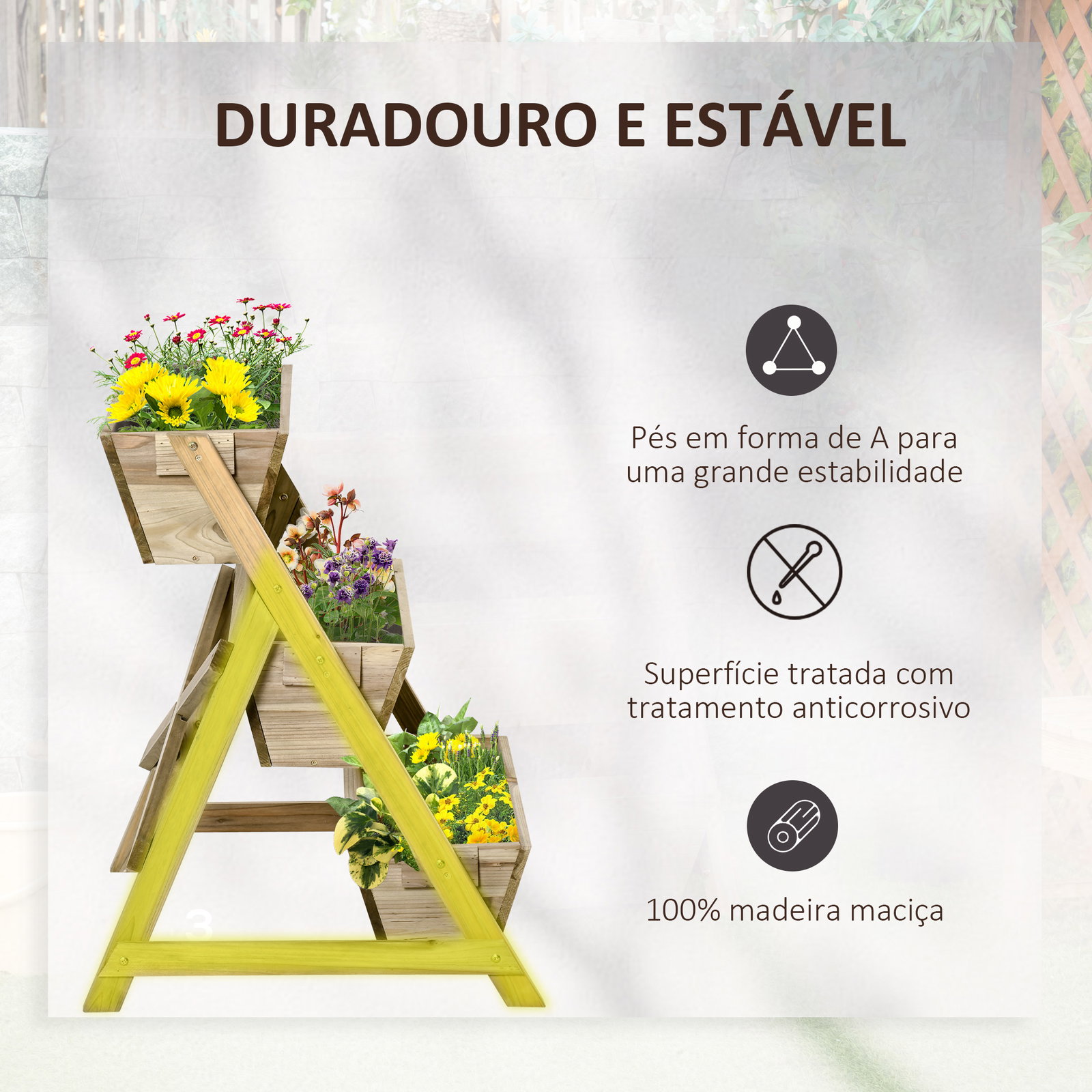 Horta de Escada de 3 Níveis Horta de Madeira com Tecido não tecido e Orifícios de Drenagem Horta para Plantas Flores Ervas 71x61