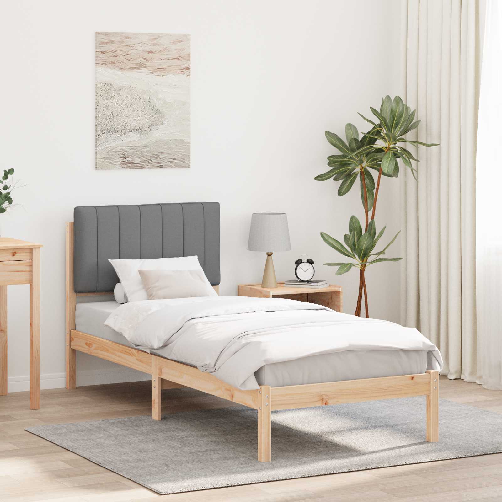 Estrutura de cama com cabeceira estofada cinzento-claro
