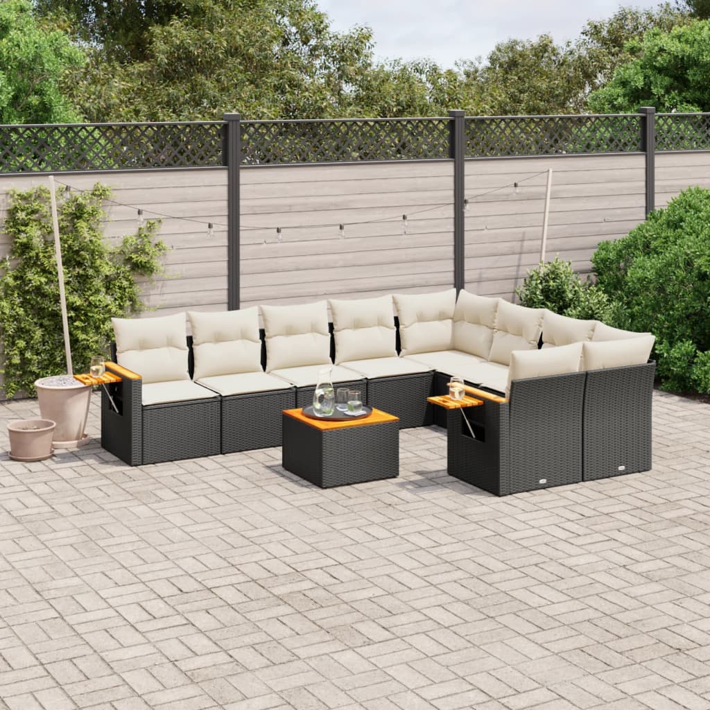10 Pcs conjunto sofás de jardim c/ almofadões vime PE preto