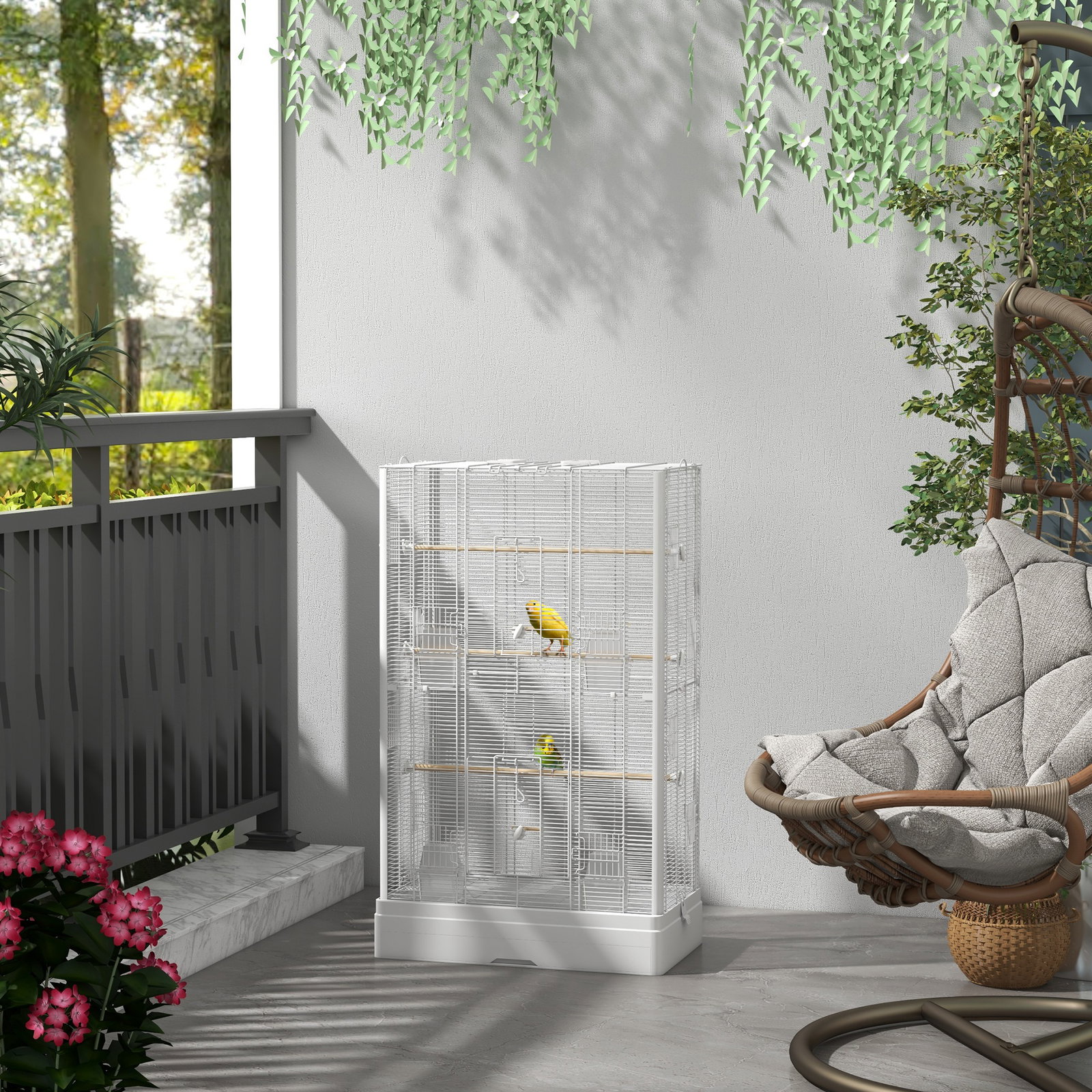 Gaiola para pássaros 61x36,5x98 cm com portas poleiros bandeja removível e alças para canários periquitos branco