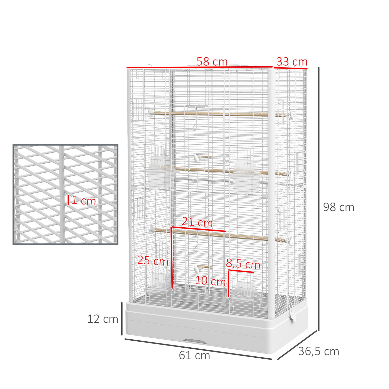 Gaiola para pássaros 61x36,5x98 cm com portas poleiros bandeja removível e alças para canários periquitos branco