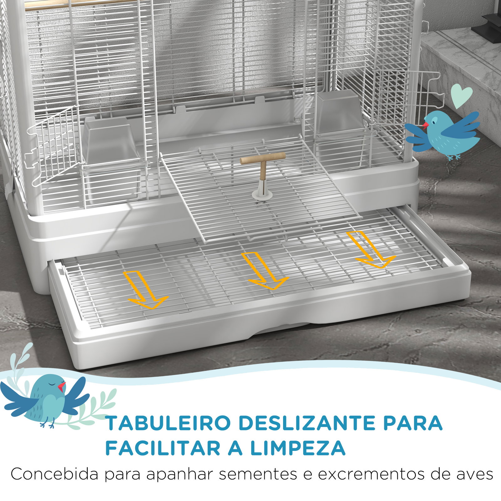 Gaiola para pássaros 61x36,5x98 cm com portas poleiros bandeja removível e alças para canários periquitos branco
