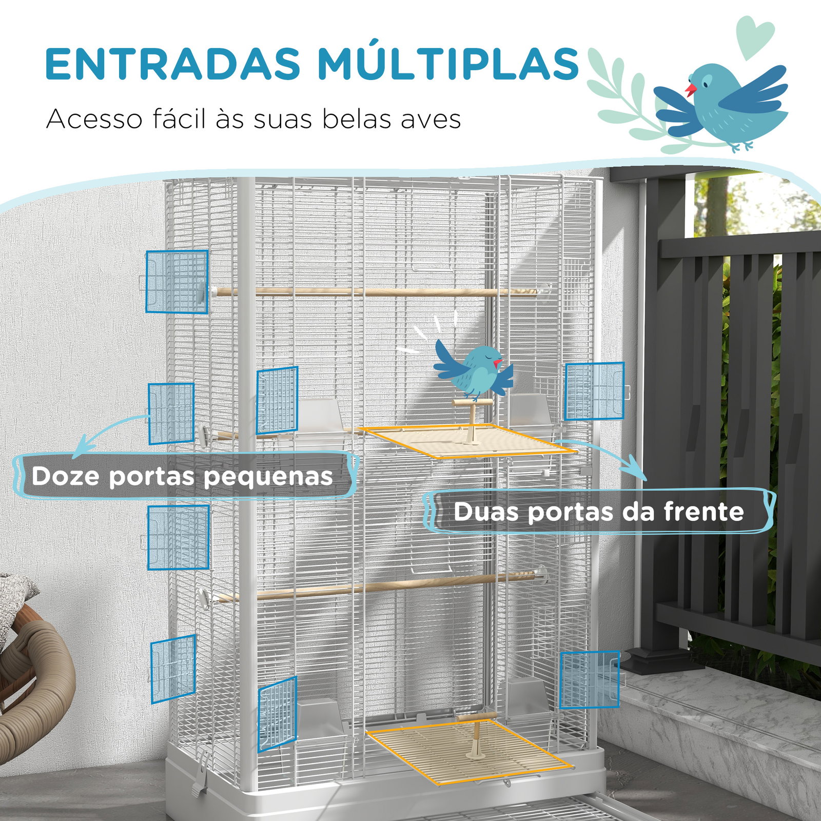 Gaiola para pássaros 61x36,5x98 cm com portas poleiros bandeja removível e alças para canários periquitos branco
