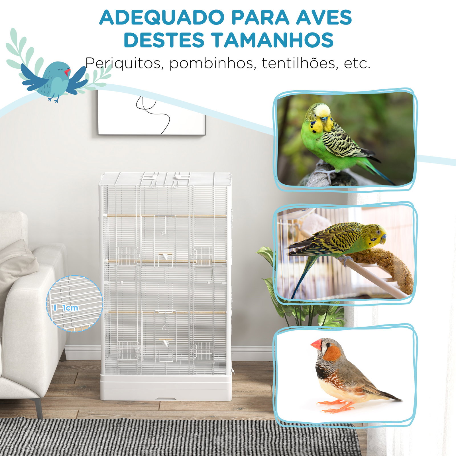 Gaiola para pássaros 61x36,5x98 cm com portas poleiros bandeja removível e alças para canários periquitos branco