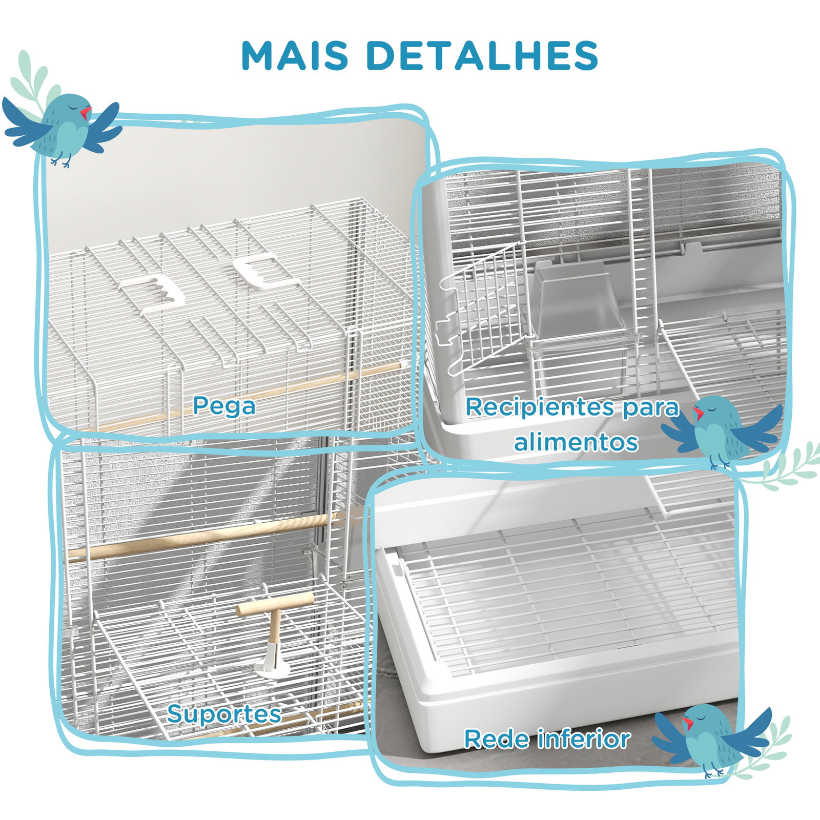 Gaiola para pássaros 61x36,5x98 cm com portas poleiros bandeja removível e alças para canários periquitos branco
