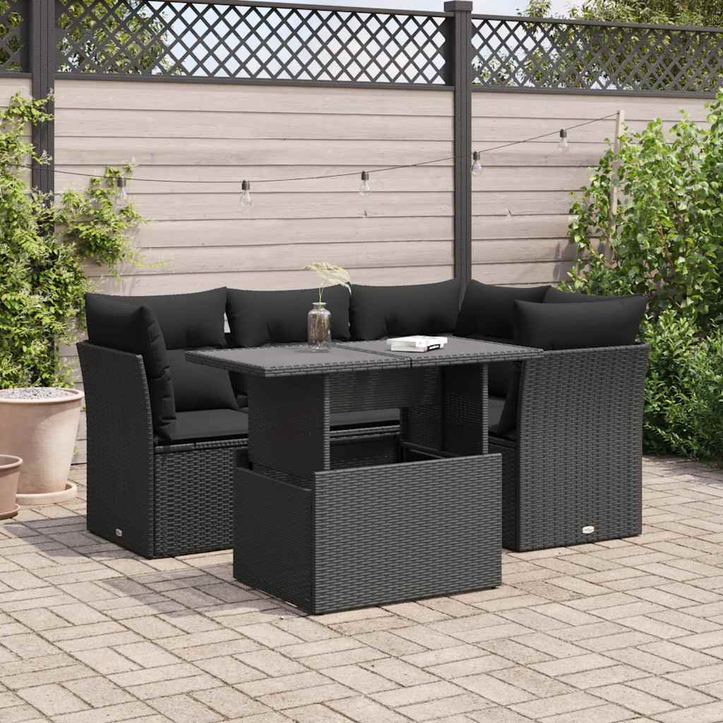 5 Pcs conjunto sofás de jardim com almofadões vime PE preto