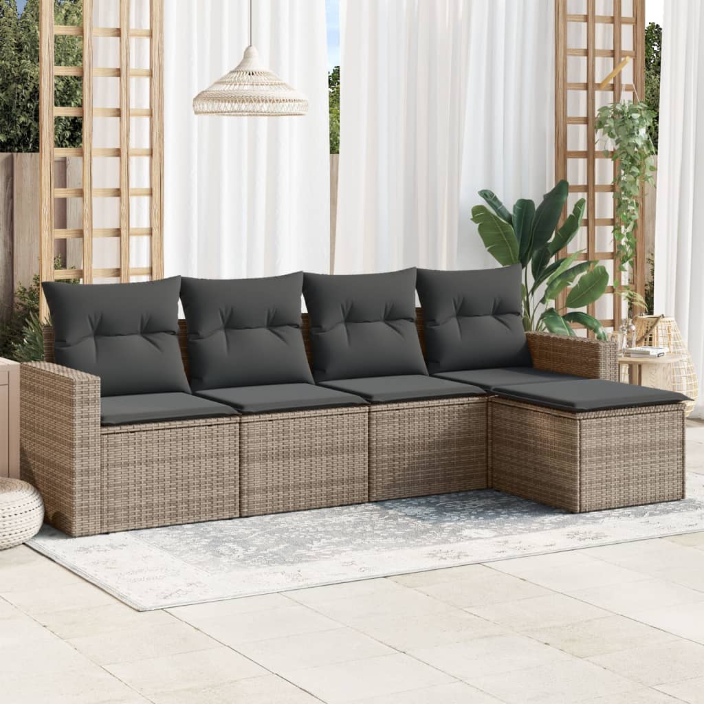 5 Pcs conjunto sofás de jardim c/ almofadões vime PE cinzento