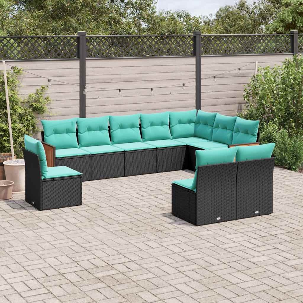 Conjunto de sofá de jardim com 10 peças e almofadas em rattan sintético preto