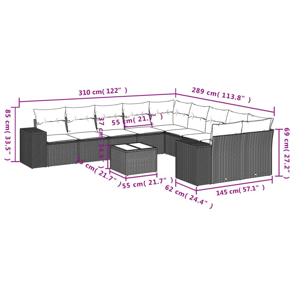11 Pcs conjunto sofás de jardim c/ almofadões vime PE preto
