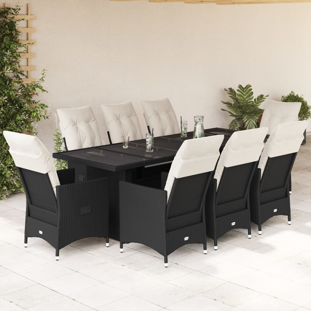 9 Pcs conjunto de bistrô p/ jardim c/ almofadões vime PE preto
