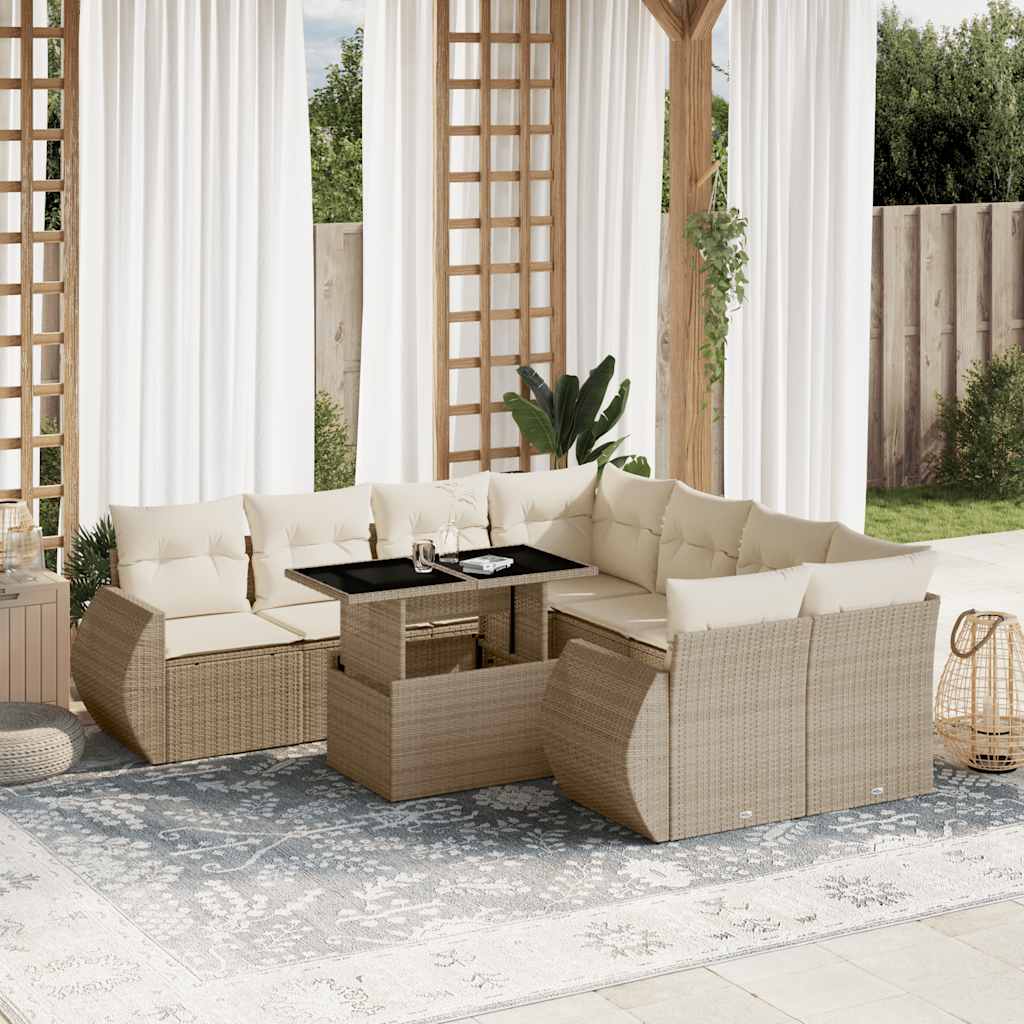 9 Pcs conjunto de sofás p/ jardim com almofadões vime PE bege