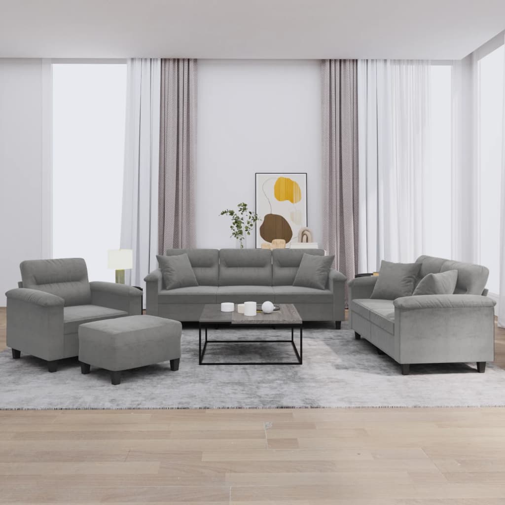 4 Pcs conjunto sofás c/ almofadas microfibra cinza-escuro