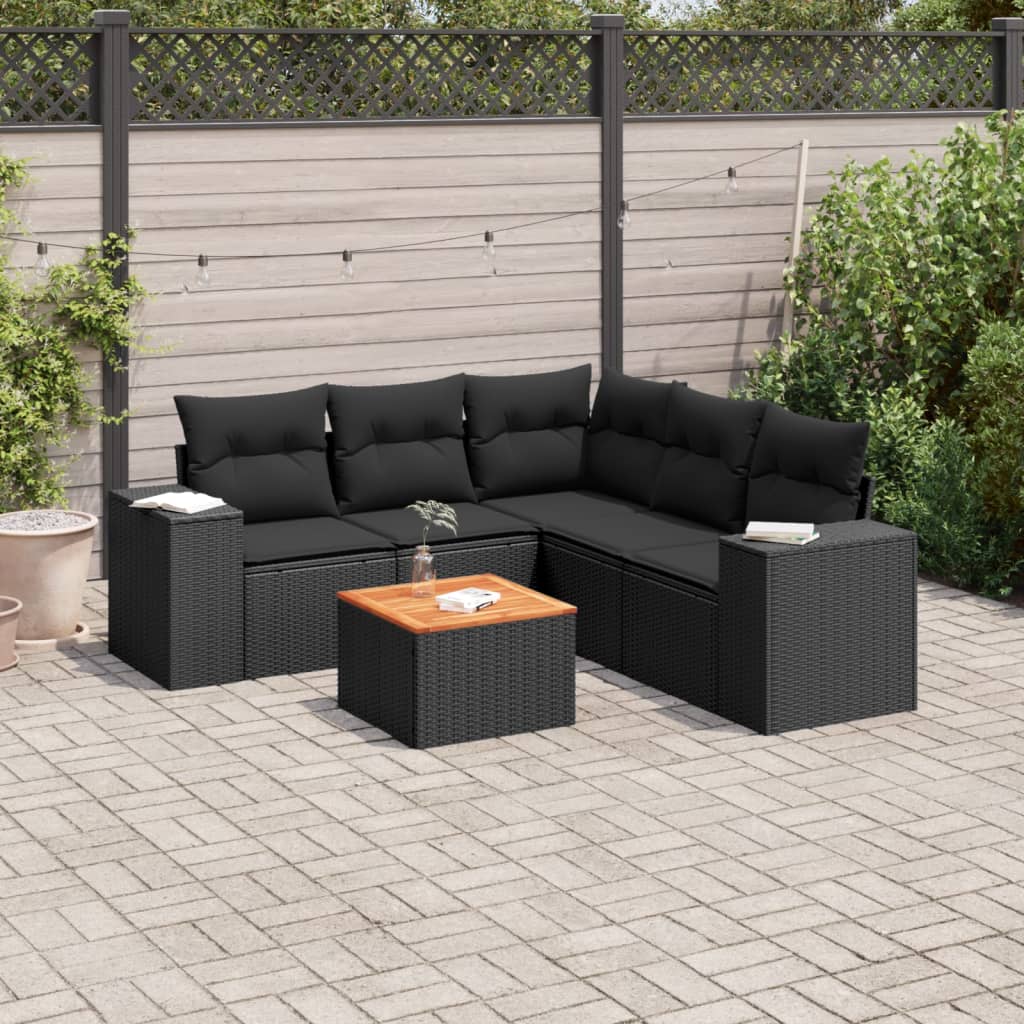 6 Pcs conjunto sofás de jardim c/ almofadões vime PE preto