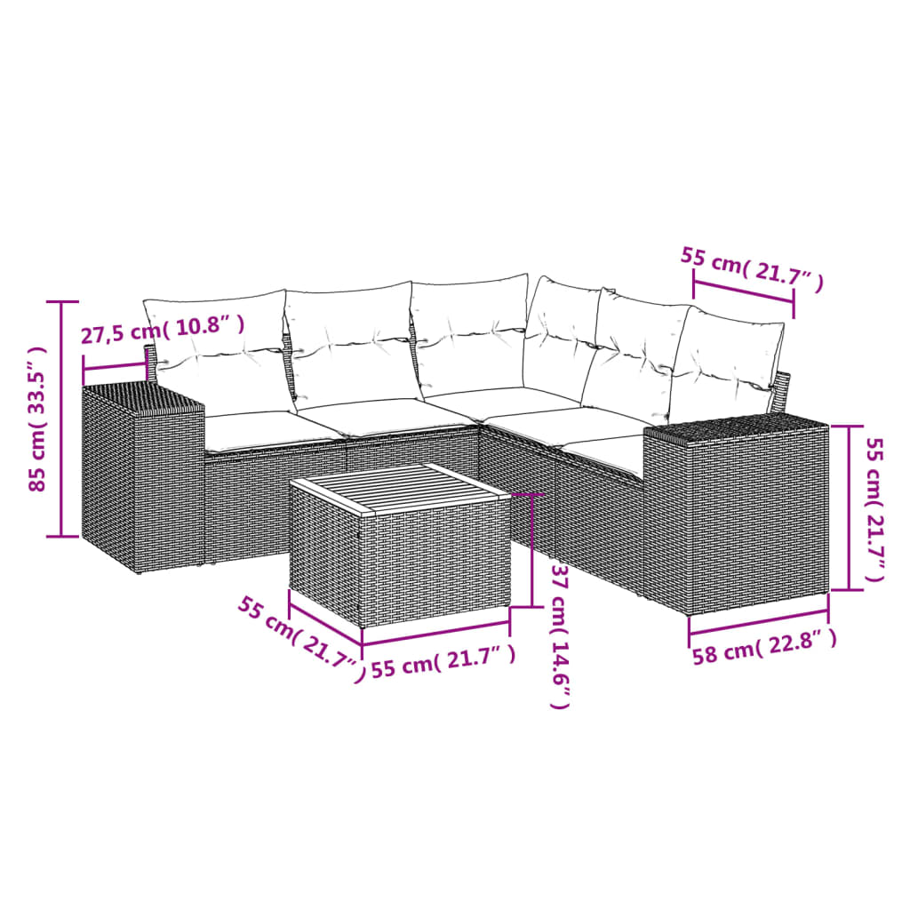 6 Pcs conjunto sofás de jardim c/ almofadões vime PE preto