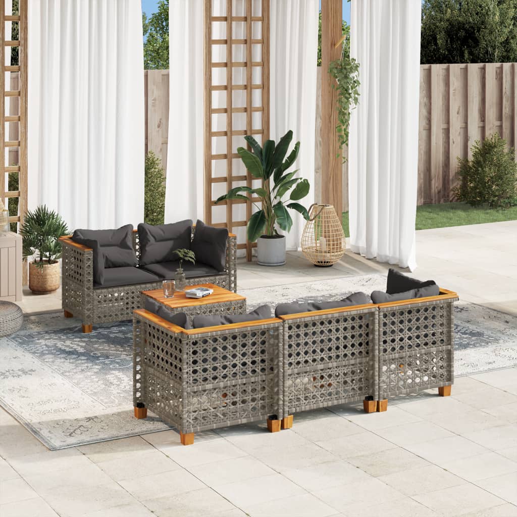 6 Pcs conjunto sofás de jardim com almofadões vime cinzento