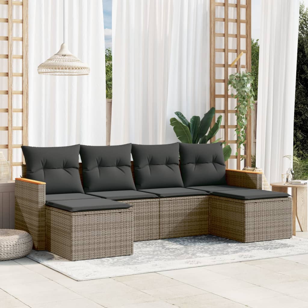 6 Pcs conjunto sofás de jardim com almofadões vime cinzento