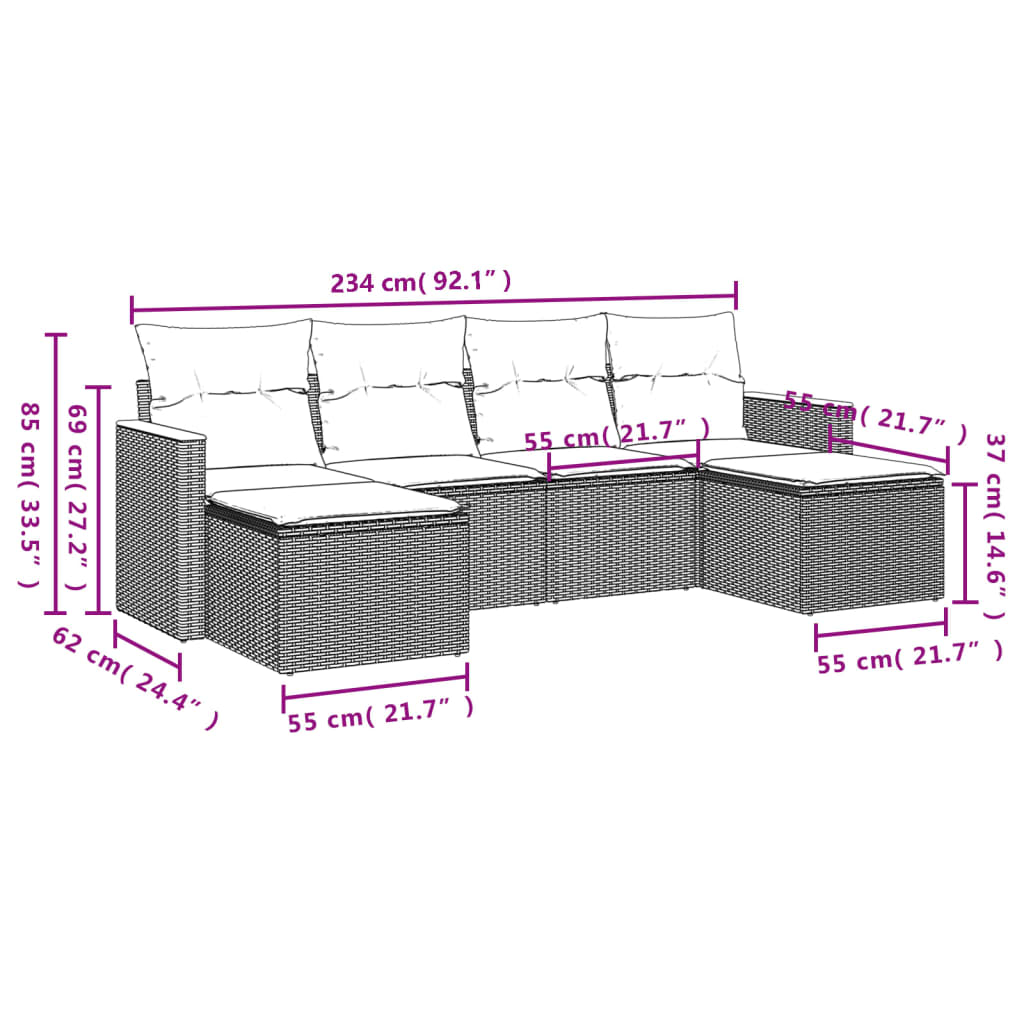 6 Pcs conjunto sofás de jardim com almofadões vime cinzento