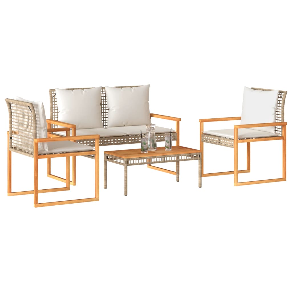 4 Pcs conj. lounge jardim c/ almofadões vime PE mistura beges