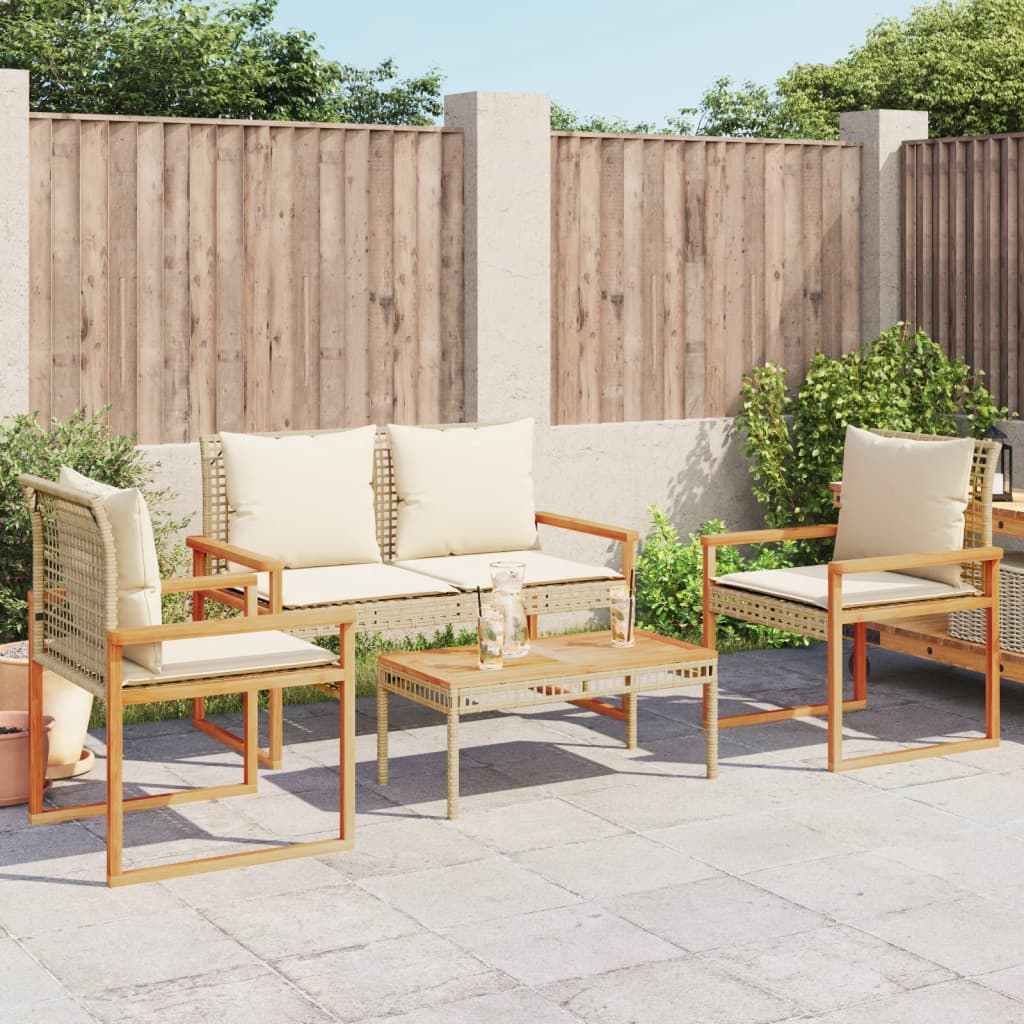 4 Pcs conj. lounge jardim c/ almofadões vime PE mistura beges