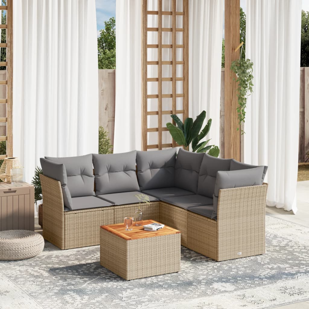 6 Pcs conj. sofás jardim c/ almofadões vime PE bege misturado