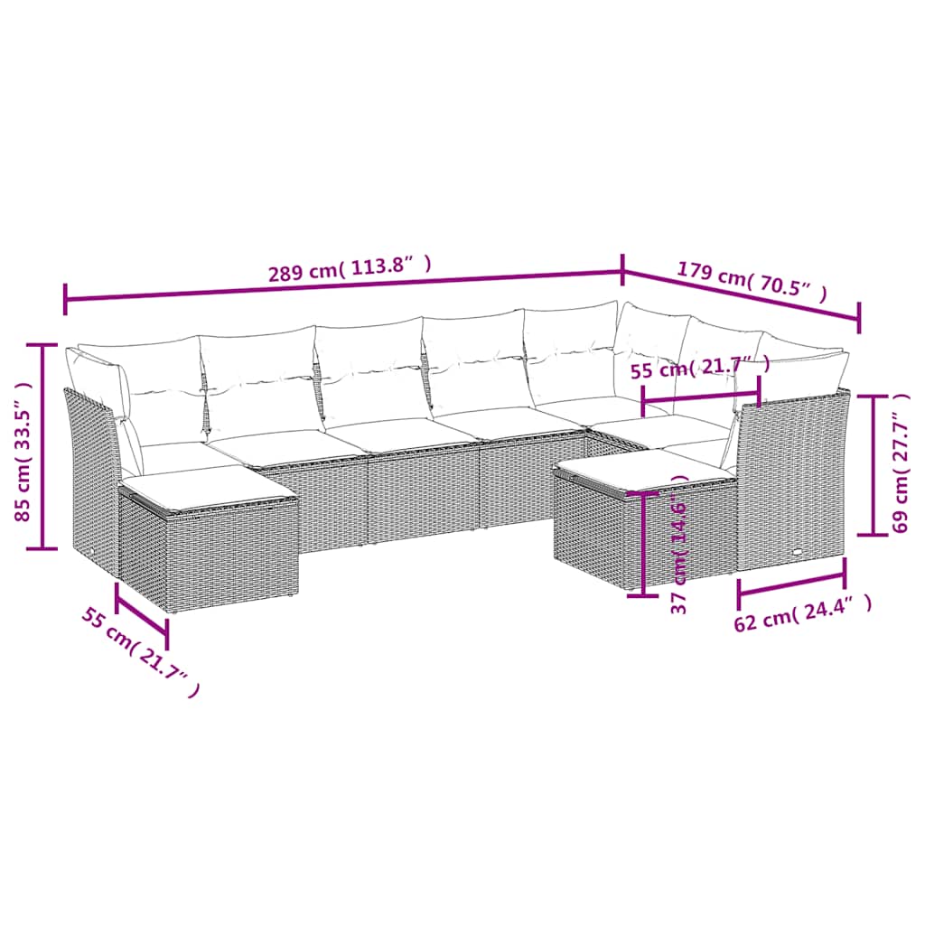 9 Pcs conjunto de sofás p/ jardim c/ almofadões vime PE preto