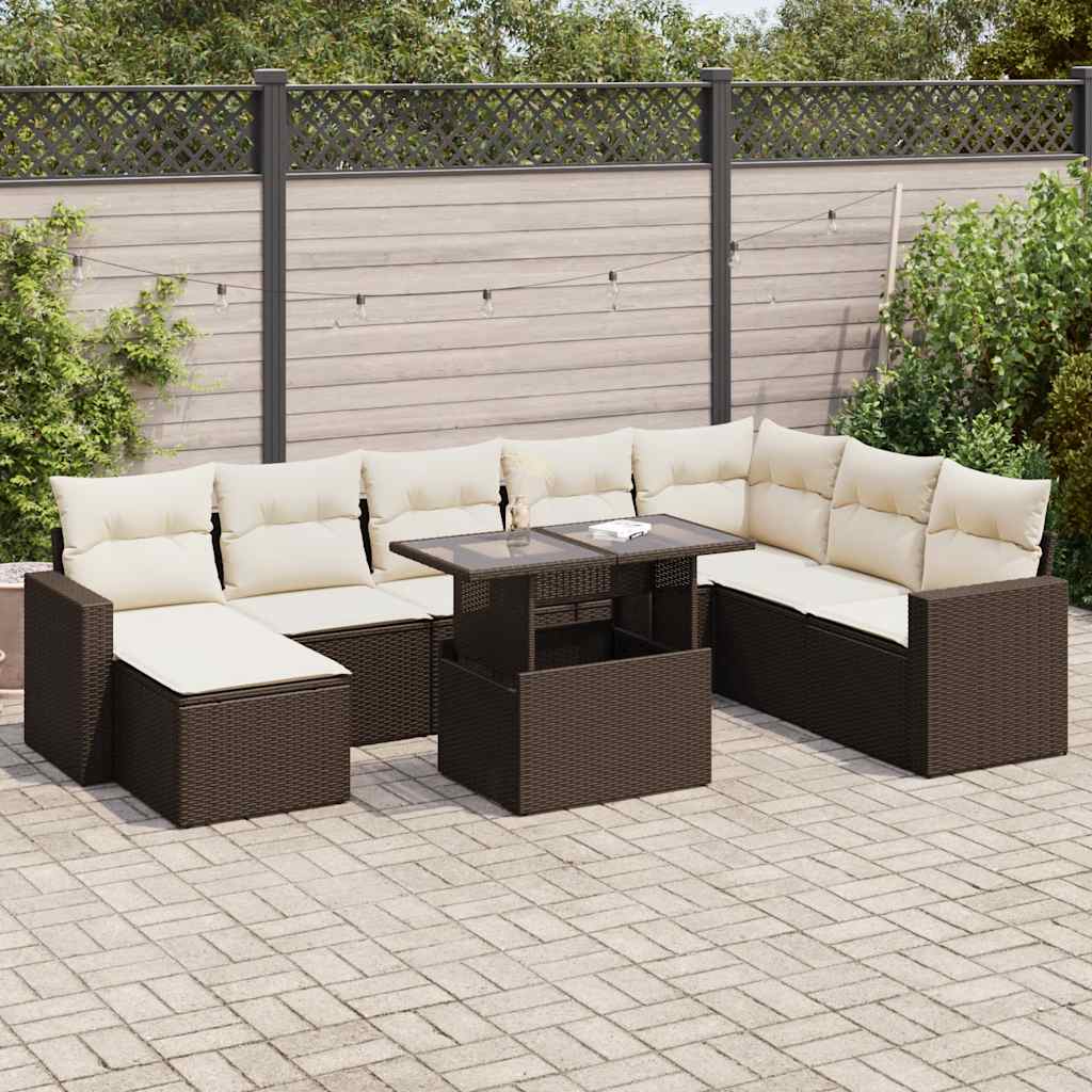 9 Pcs conjunto sofás p/ jardim c/ almofadões vime PE castanho