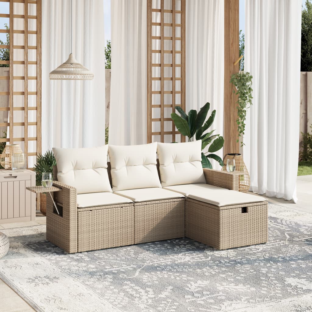 4 Pcs conjunto de sofás para jardim c/ almofadões vime PE bege