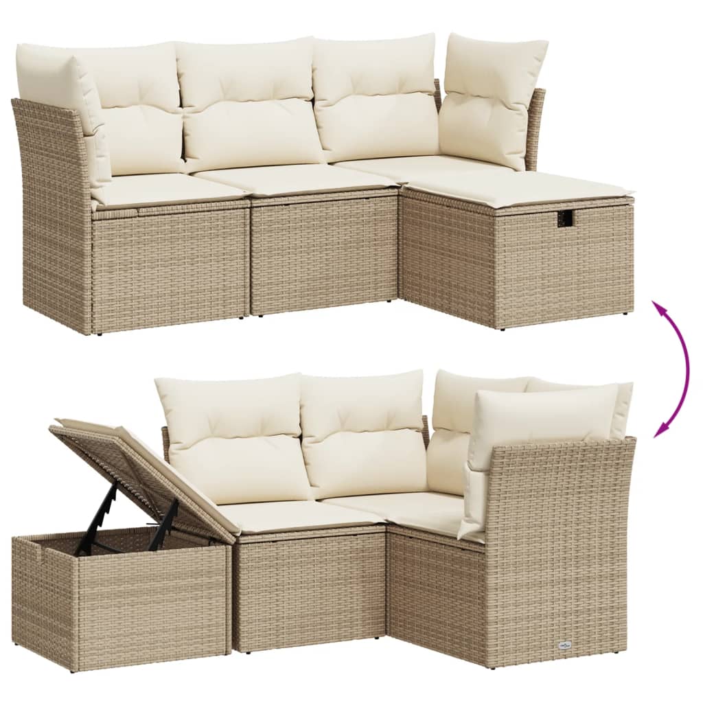 4 Pcs conjunto de sofás para jardim c/ almofadões vime PE bege