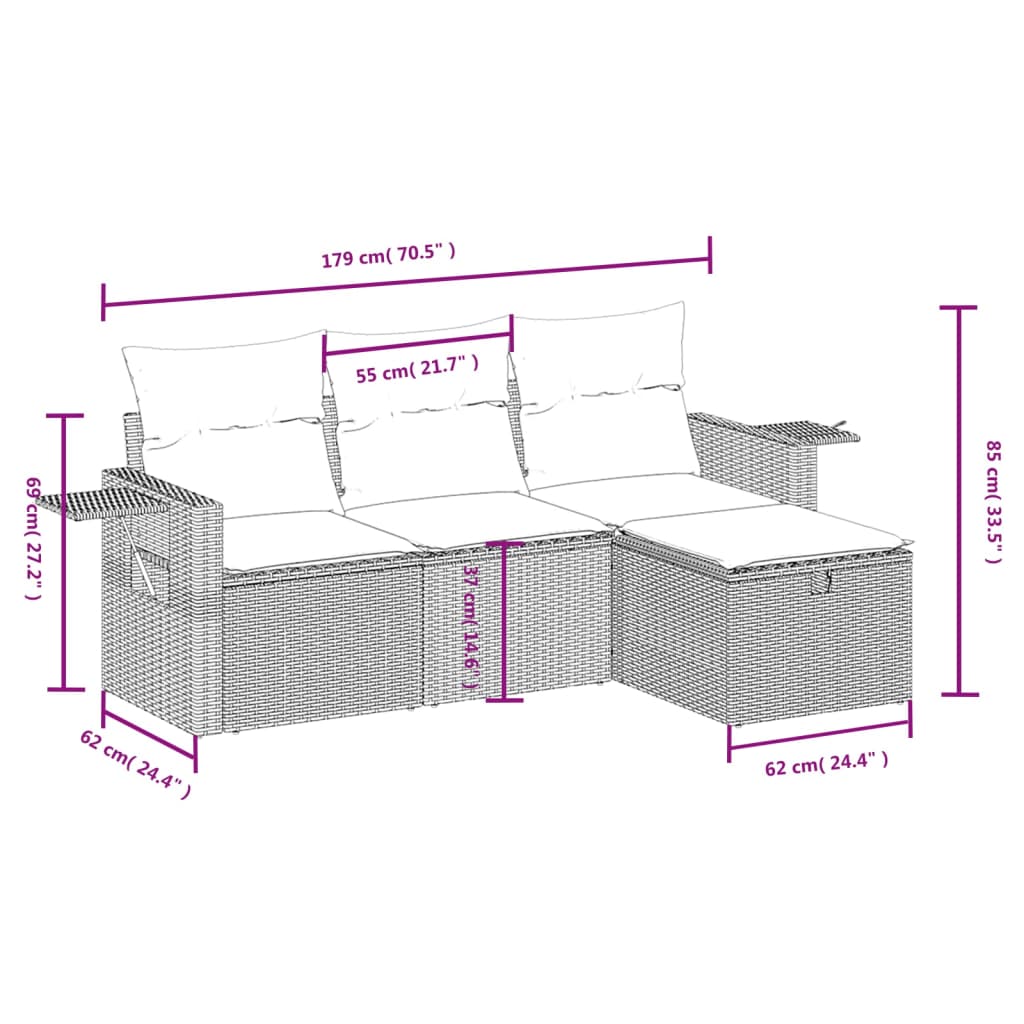4 Pcs conjunto de sofás para jardim c/ almofadões vime PE bege