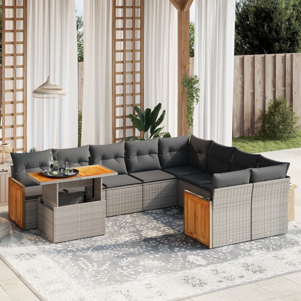 10 Pcs conjunto sofás de jardim c/ almofadões vime PE cinzento