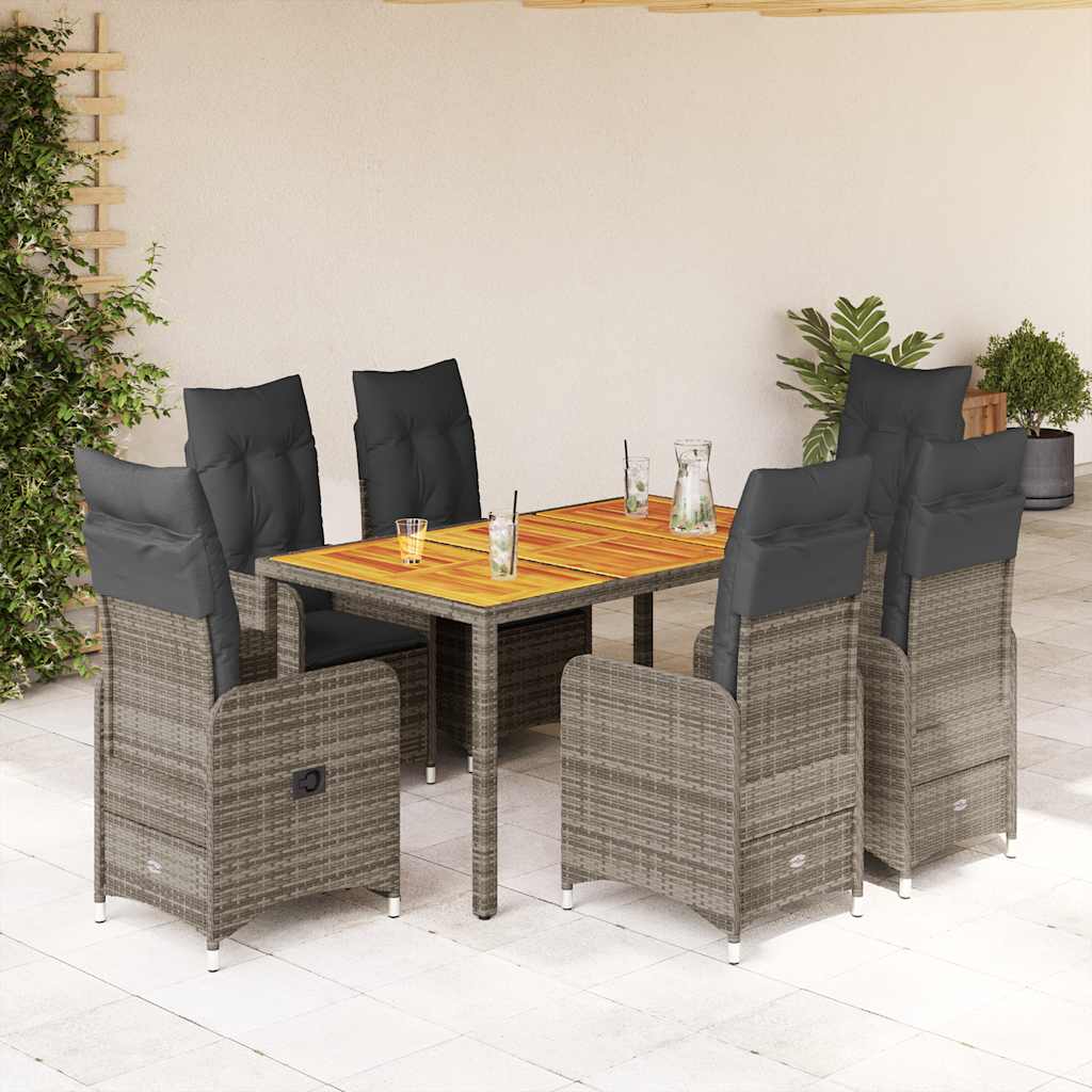 7 Pcs conjunto bistrô de jardim c/ almofadões vime PE cinza