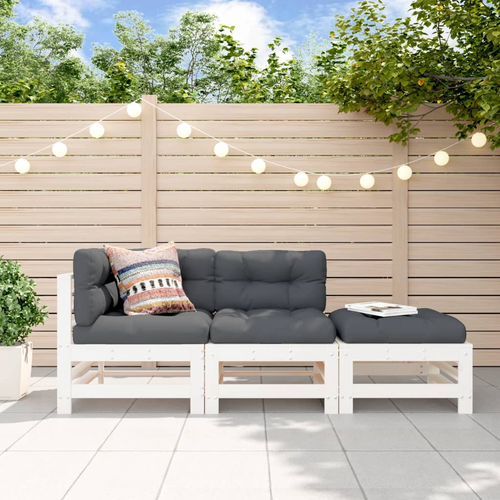 3 Pcs conjunto lounge de jardim madeira de pinho maciça branco