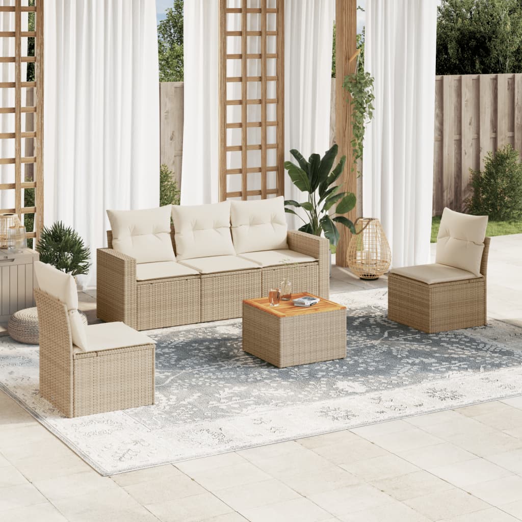 6 Pcs conjunto de sofás p/ jardim com almofadões vime PE bege