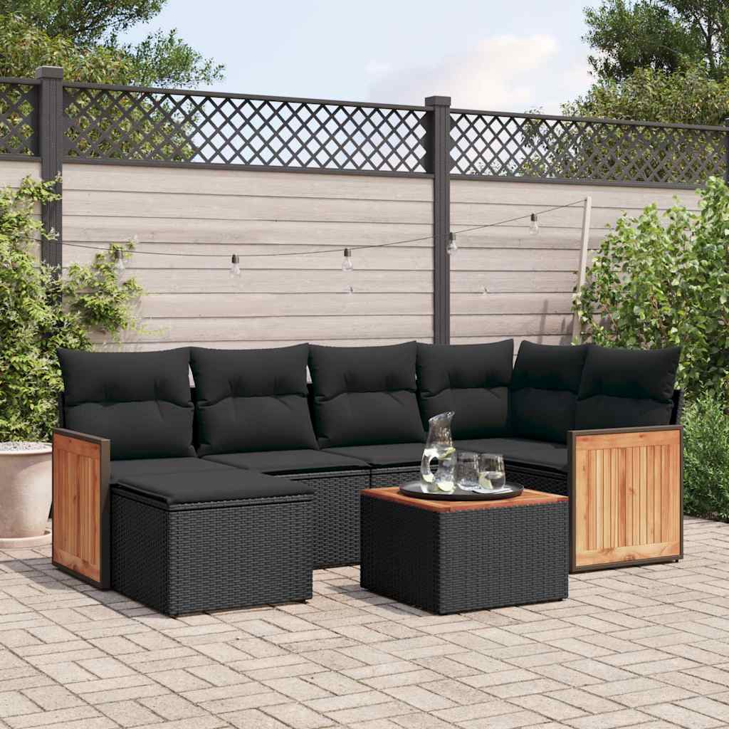 7 Pcs conjunto de sofás p/ jardim c/ almofadões vime PE preto