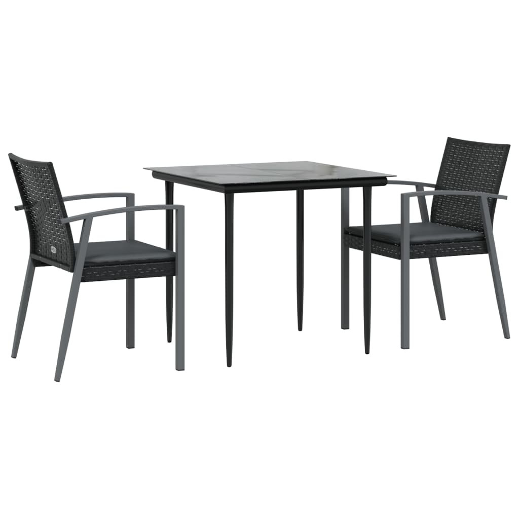 3 Pcs conjunto de jantar p/ jardim c/ almofadões vime PE e aço