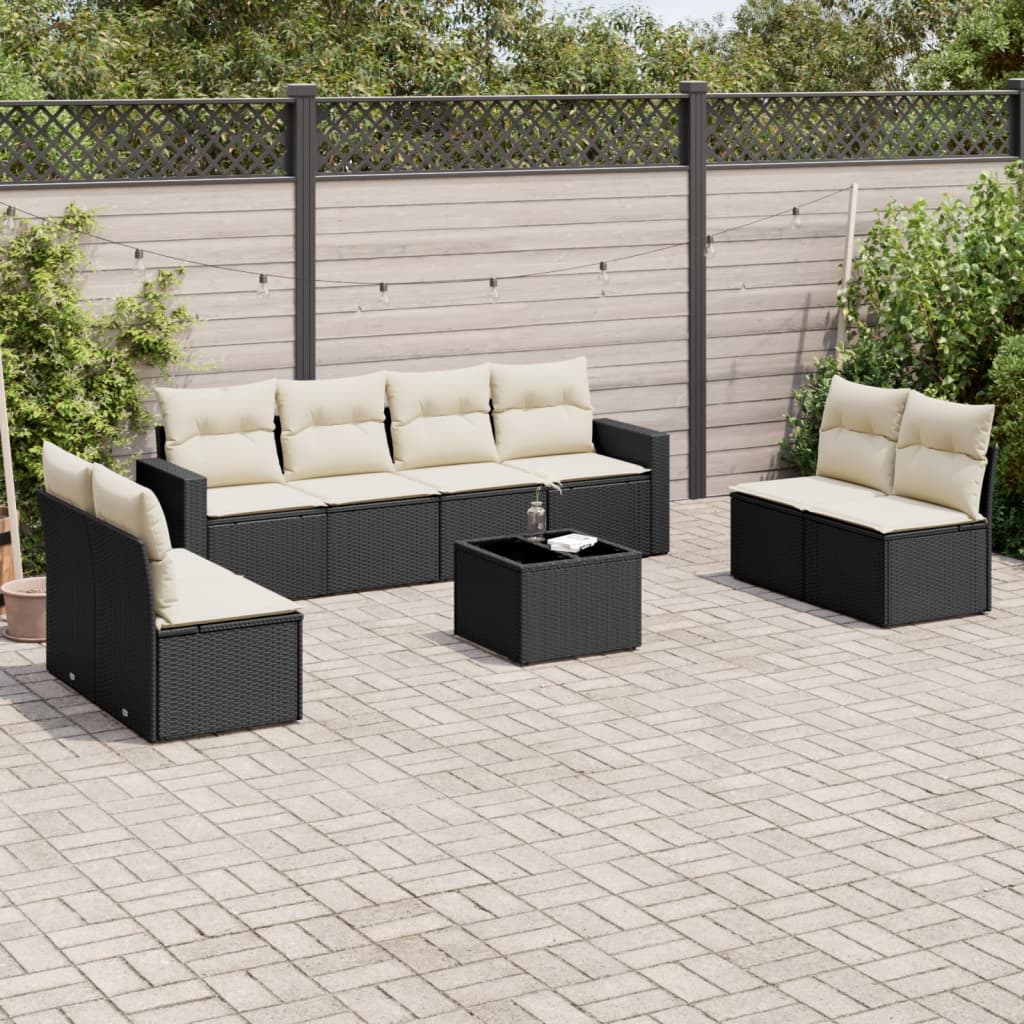 9 Pcs conjunto de sofás p/ jardim c/ almofadões vime PE preto