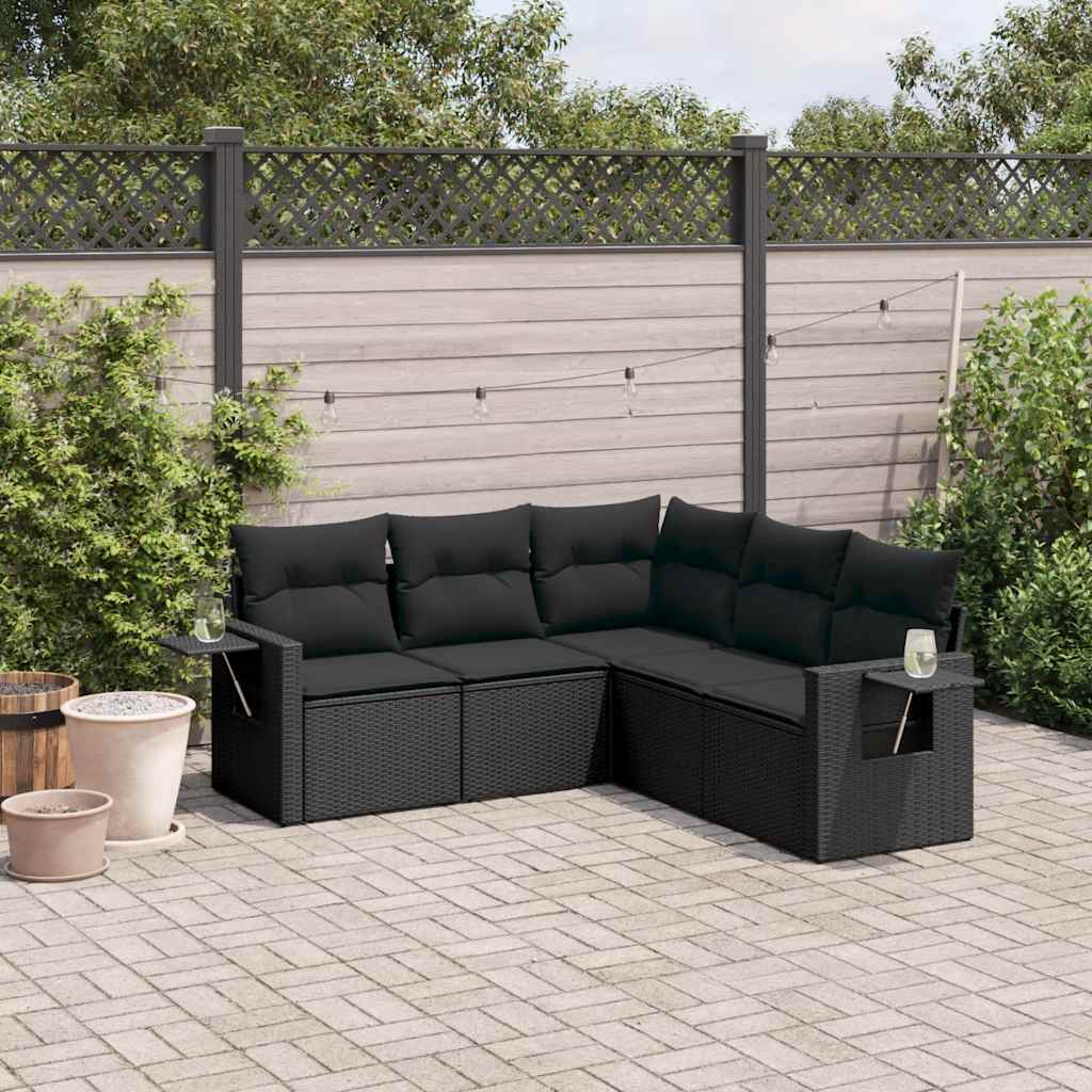 5 Pcs conjunto sofás de jardim com almofadões vime PE preto