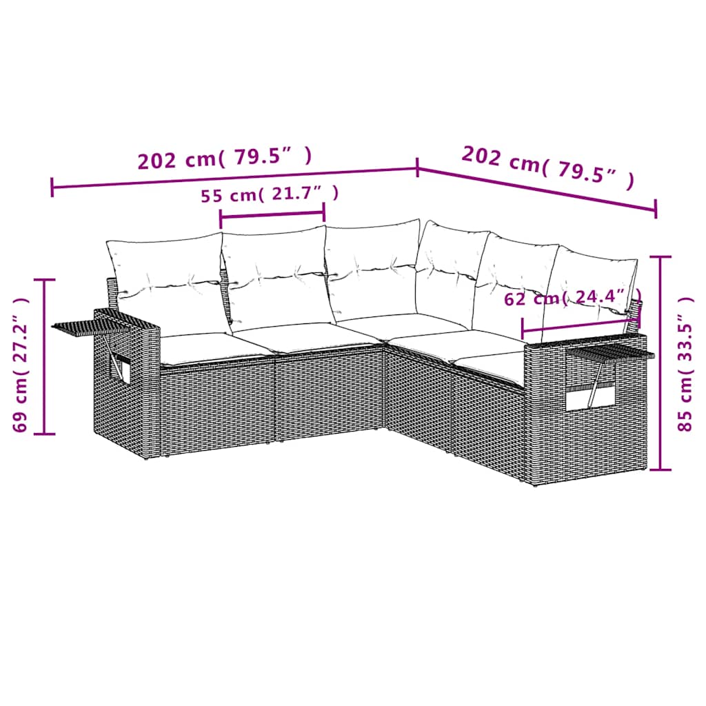 5 Pcs conjunto sofás de jardim com almofadões vime PE preto